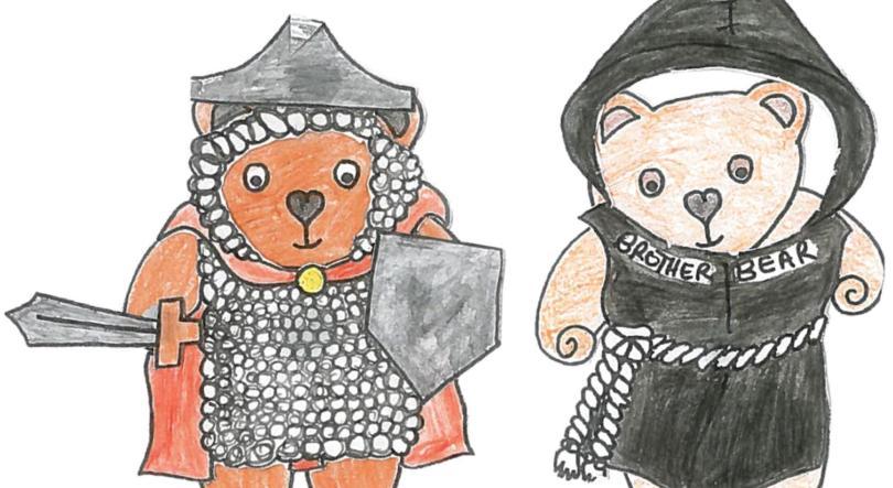 Drawing of bears dressed in medieval costumes - a knight and a monk
