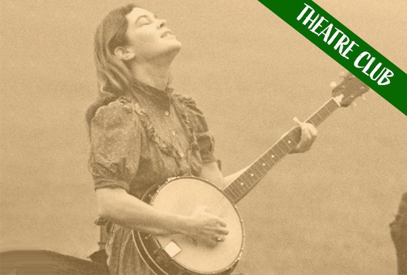 Sepia photograph of a woman playing a banjo. White text is overlaid across the top right corner of the image, reading 'Theatre Club'