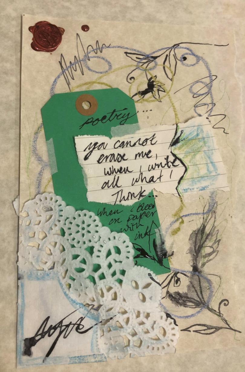 Image of a scrap of lace, painted flowers and some words by James Joyce. 