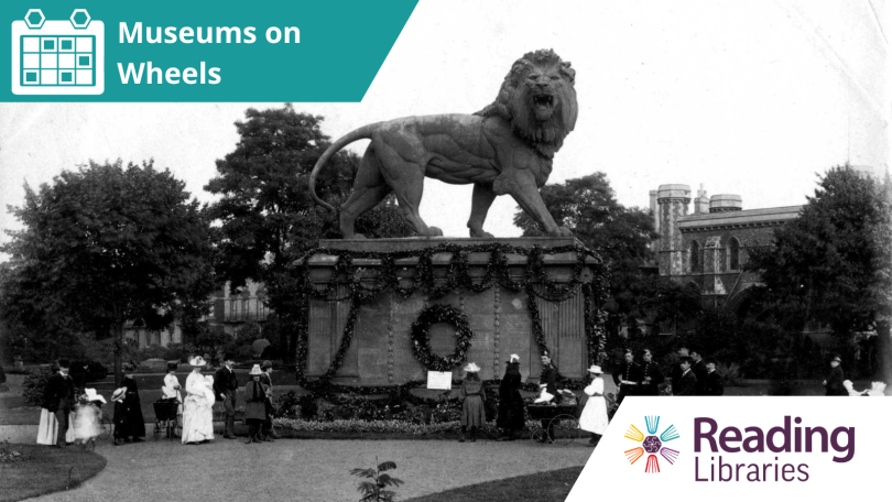 Photograph of the Maiwand Lion in the Forbury Gardens in the early 1900's