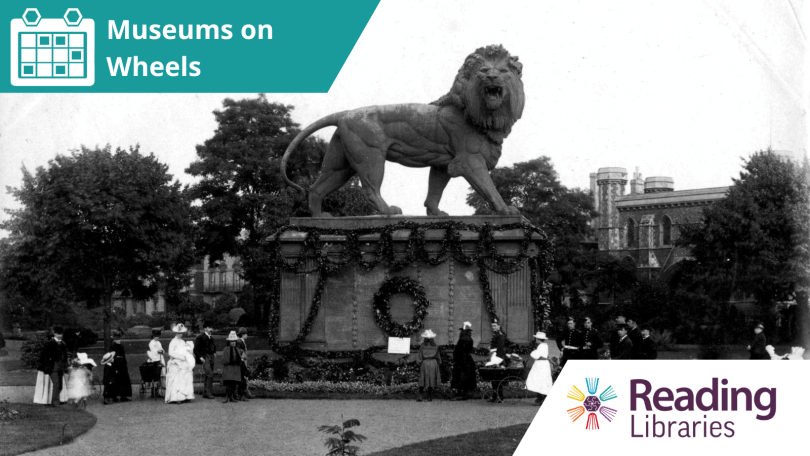 Photograph of the Maiwand Lion in the Forbury Gardens in the early 1900's