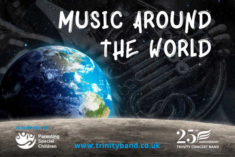 The surface of the moon in the foreground with the earth in the background. Title reads Music Around the World. Two logos at the bottom: one for Parenting Special Children, the other is TCB's 25th Anniversary logo.