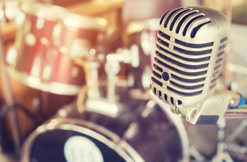 Stock image of a drum kit and mic
