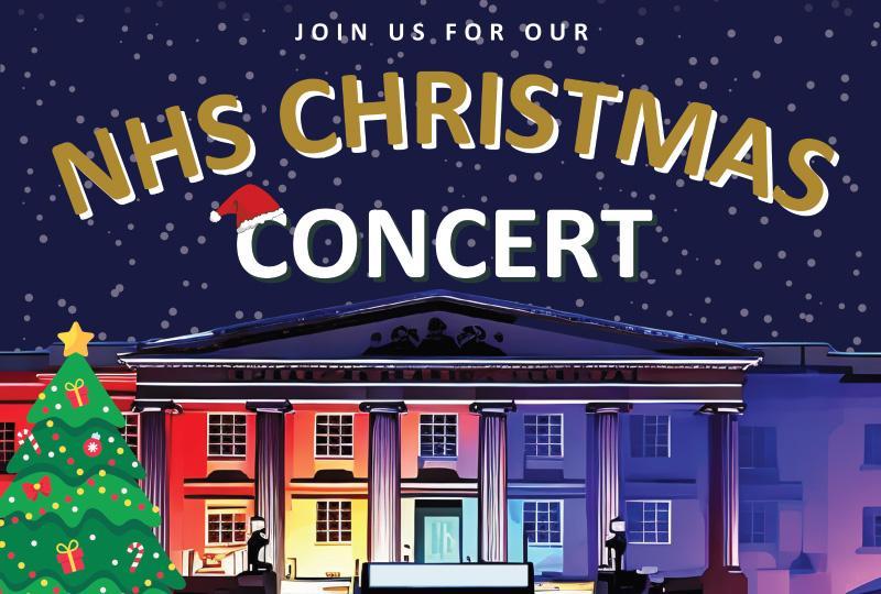 Poster for NHS Christmas Concert at Reading Minster featuring a computer rendering of the Royal Berkshire hospital lit up in various colours 