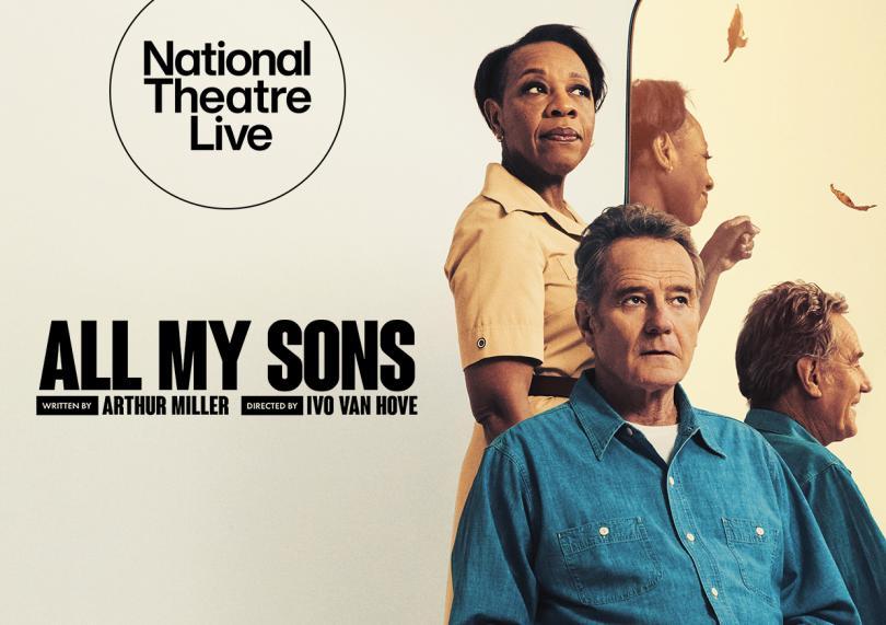 three adults against a pale background. A man in a blue shirt looks ahead while a woman stands behind him looking upward, and another man appears in profile beside a mirror reflection. The title “ALL MY SONS” is displayed in bold black text, with credits to Arthur Miller and director Ivo van Hove.