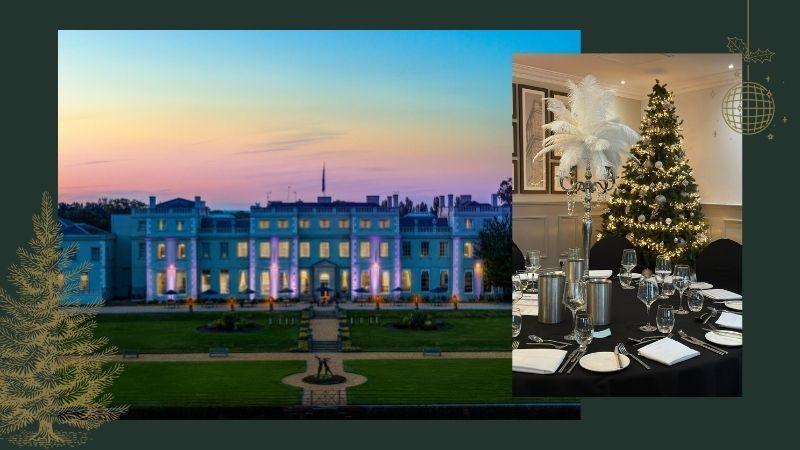 The photo shows two images. The main image shows the Mansion House and the second image shows a table set up for the Gala with a Christmas tree in the background.