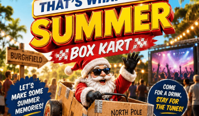 Logo for Box Kart pre-event party with Santa in a box kart. come for the drinks, stay for the tunes!