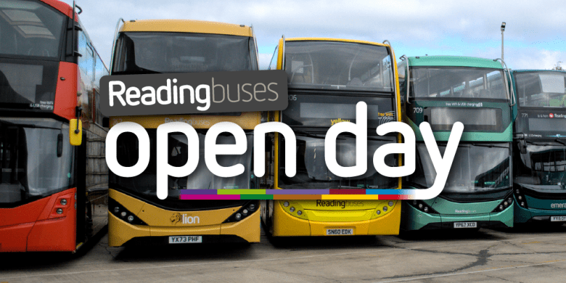 Different coloured Reading Buses lined-up