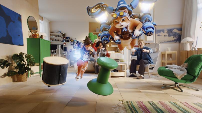 A livingroom with XBOX characters jumping towards the new IKEA XBOX collection