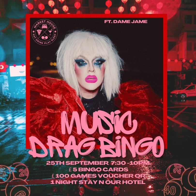 Image of Dame Jame with a white wig and pink writing, Music drag bingo