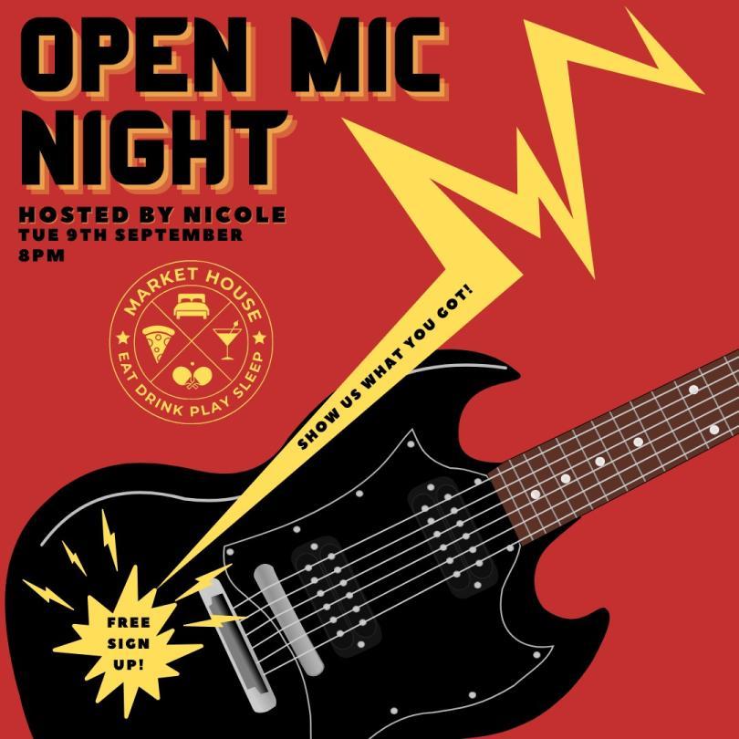 Red poster for Open Mic Night, Tuesday 9th September, 8PM at Market House Reading, with guitar graphic and free sign-up.