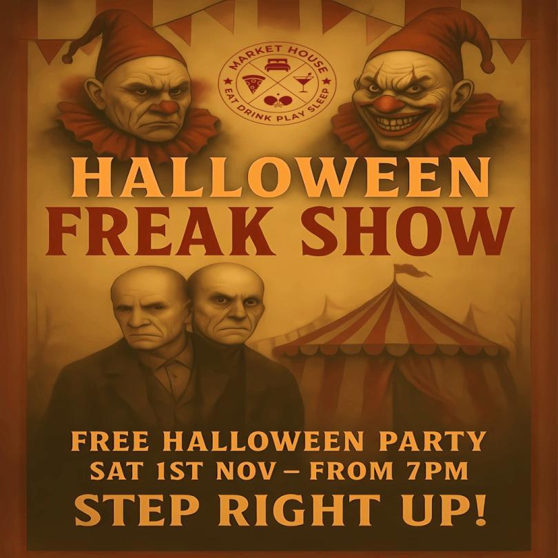Poster for a Halloween Freak Show with creepy clowns and eerie figures promoting a free Halloween party.