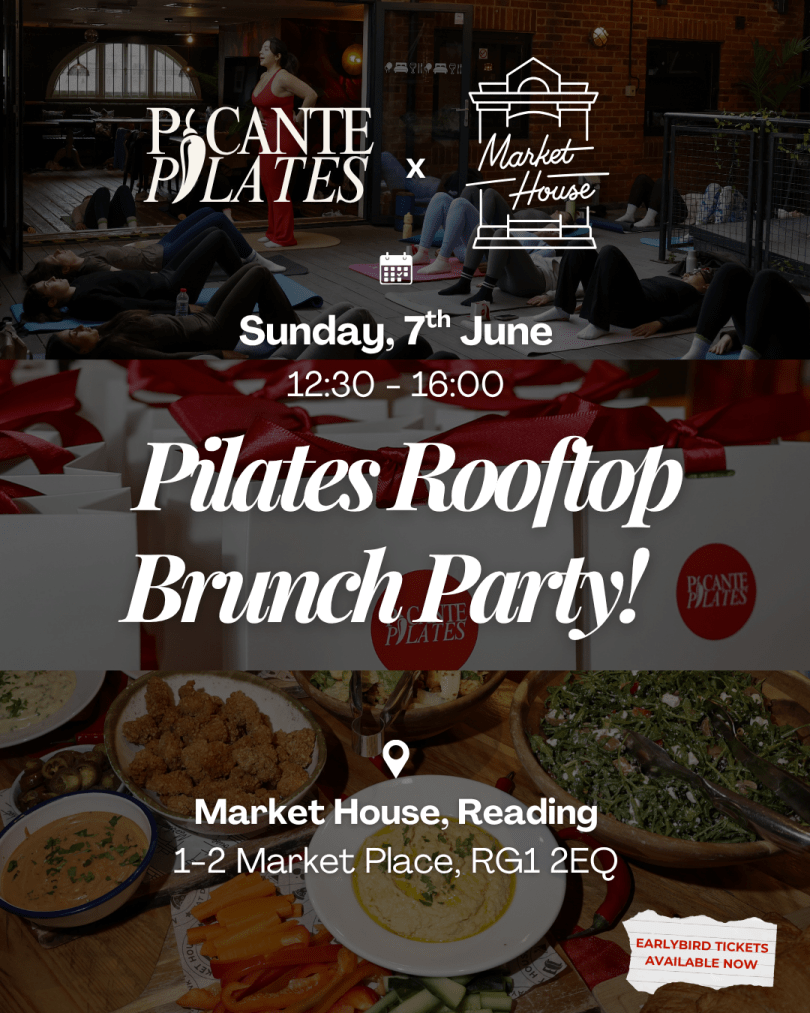 Poster for a “Pilates Rooftop Brunch Party” with chili peppers in ice; Sunday 7th June, 12:30–16:00 at Market House, Reading