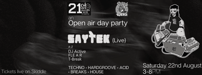 21st century acid presents Saytek, DJ Active, FLEAR, T-Break. Cartoon of man on dj decks