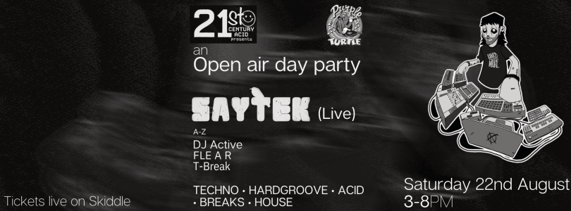 21st century acid presents Saytek, DJ Active, FLEAR, T-Break. Cartoon of man on dj decks