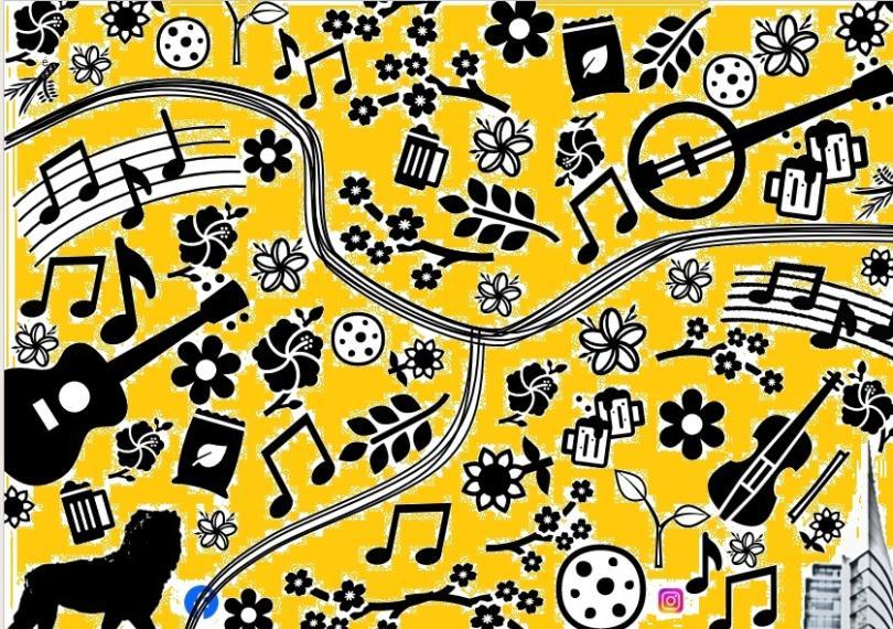 Images of musical instruments and notation and flowers, with images related to Reading: the Maiwand Lion, seeds, biscuits, beer glasses and The Blade. The images are black against a yellow and white background and the shape of the rivers Thames and Kennet runs across the centre.