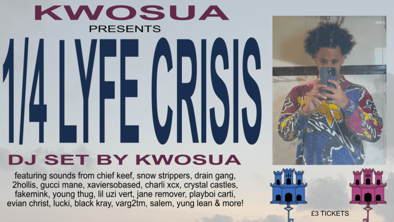 Poster for 1/4 LYFE CRISIS event with a photo of a black man taking a selfie in the mirror