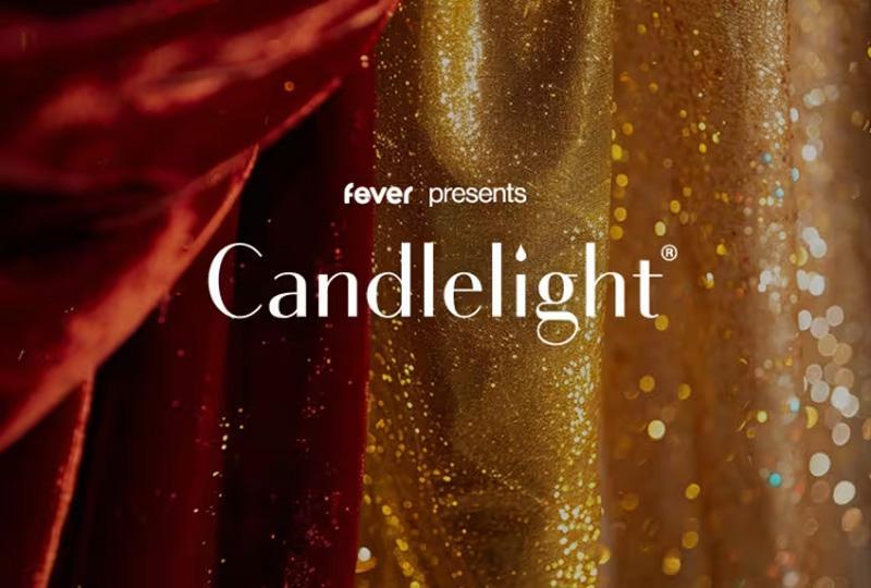 The words "fever presents Candlelight" against a backdrop of a glittery curtain