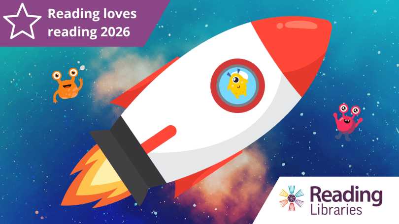 Image of a rocket soaring across the heavens with a wording 'Reading Loves Reading'.
