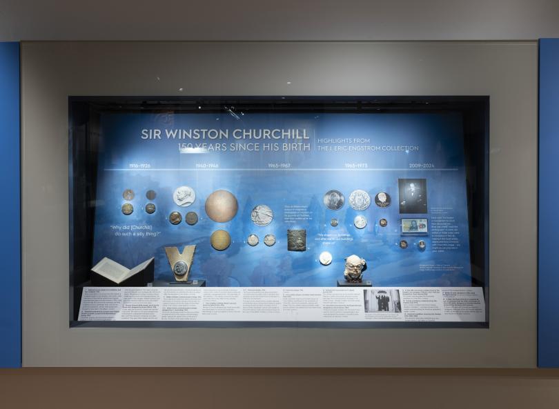 Exhibition case for churchill exhibition showing a range of objects