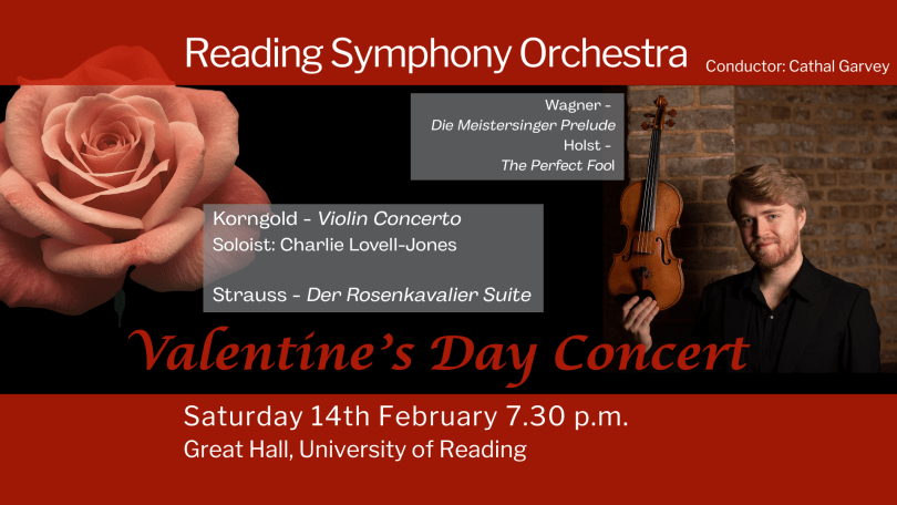 Banner showing details of Valentine's Day Concert, with photograph of soloist Charlie Lovell-Jones.
