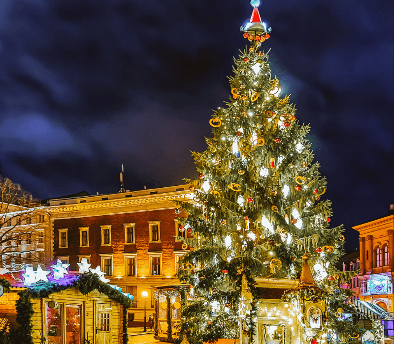 A Christmas tree with lights in a city