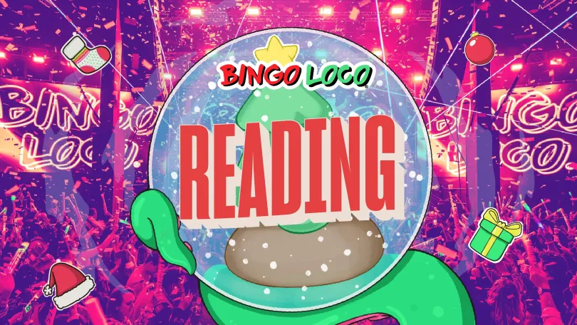 Bingo Loco logo inside an illustration of a snowglobe, surrounded by other Christmassy ephemery