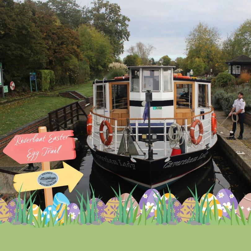 boat in a lock with crew holding the rope, clip art eggs in front