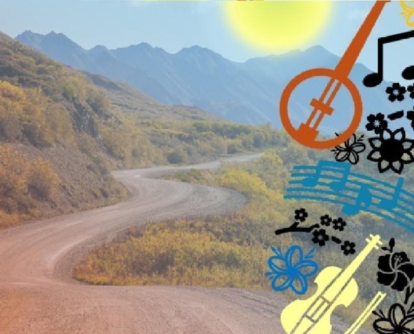 Image of a winding path through some hills. There are hills in the distance and a bright yellow sun in a hazy sky. Over the picture are some images of musical instruments, notes and flowers.