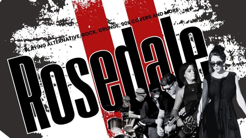 ROSEDALE logo text on top of black, white and red distressed background