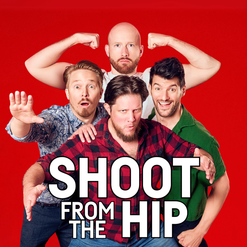 all four members in formation on a red background behind text 'shoot from the hip' 