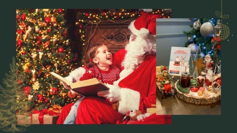 The photo shows two images. The main image is of Santa with a child on his lap. The second image shows a festive afternoon tea.
