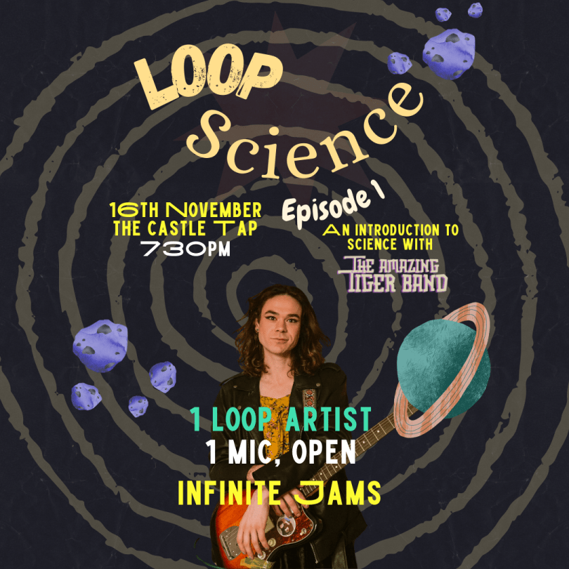 A black poster depicts a spiral overlaid with planets and asteroids and a musician stands bottom centre