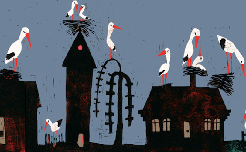 lino printed illustration of houses, trees and birds