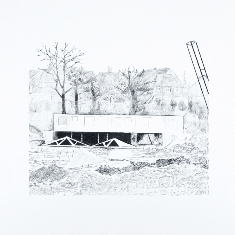 pencil drawing of estate building and trees