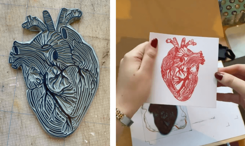 Two images side by side. The left image pictures a carved lino print block in the shape of an anatomical heart. The right image pictures a woman's hands holding a piece of paper with a lino print image of an anatomical heart in red ink.