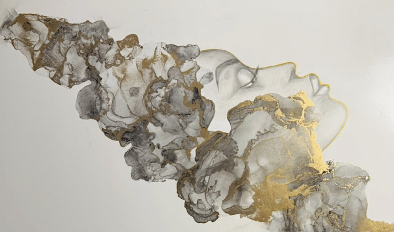 pencil drawing of face with gold detail