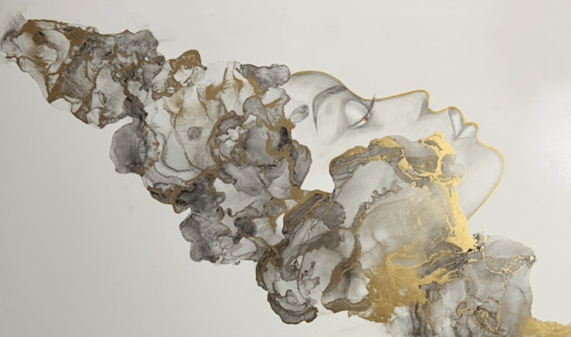 pencil drawing of face with gold detail