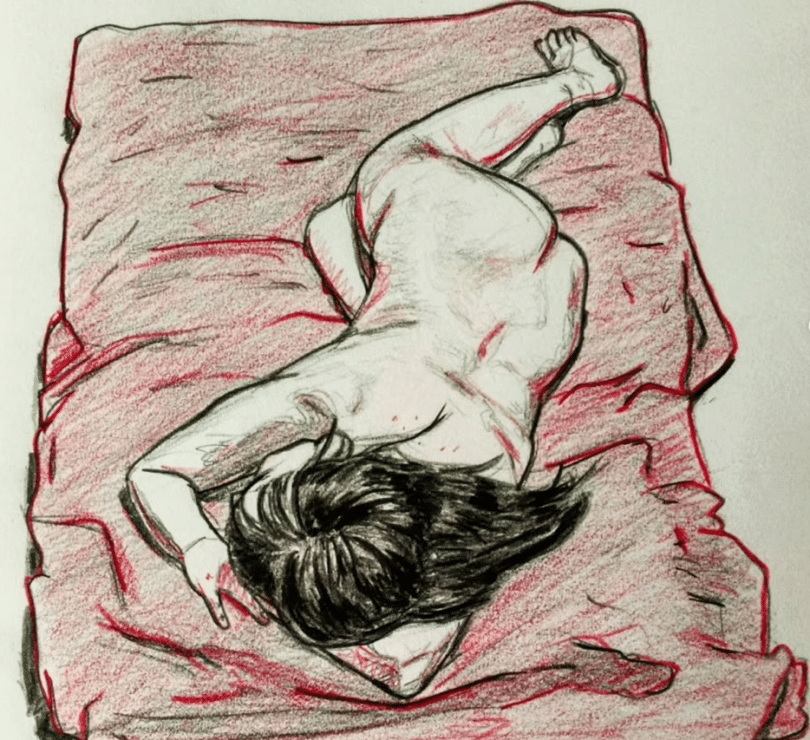 Pencil drawing of nude woman on red blanket