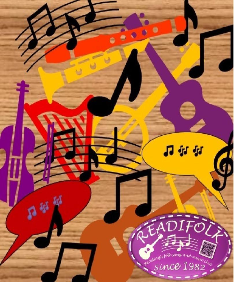 Collage of images of musical instruments and musical notes set against a wood-effect background. In the bottom right corner there is a badge with the club name "READIFOLK", images of a guitar and musical notes and the words "Reading's folk song and music club since 1982".