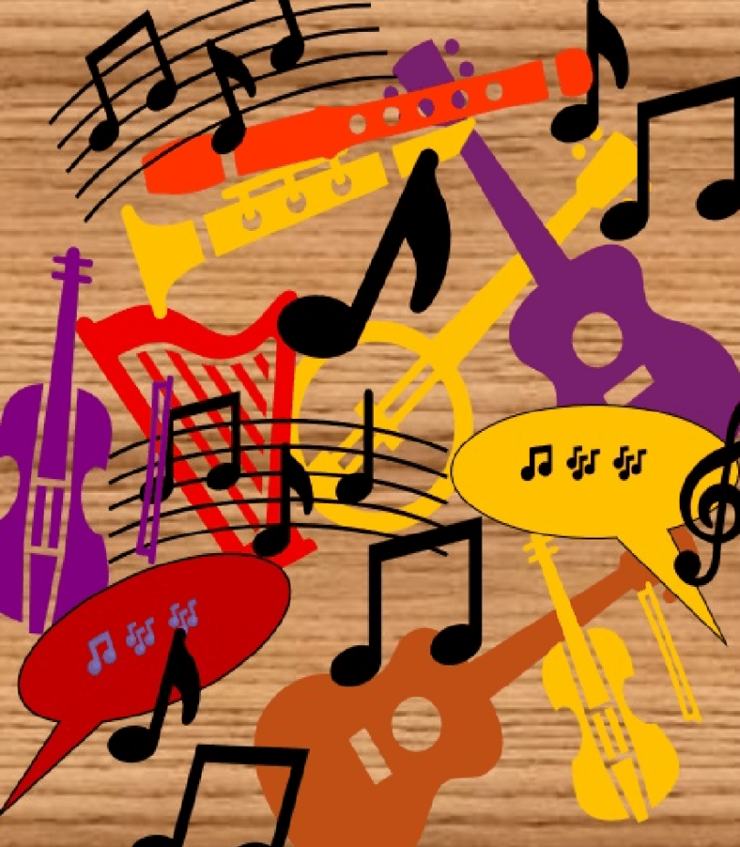 Image of shapes of musical instruments - guitars, recorder, banjo, fiddle and harp, with musical speech bubbles and images of music notes