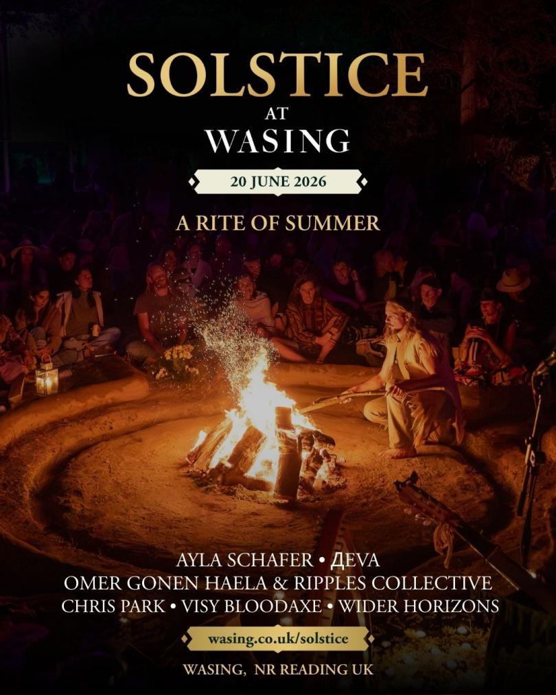 Poster showing people around a campfire and information about the event