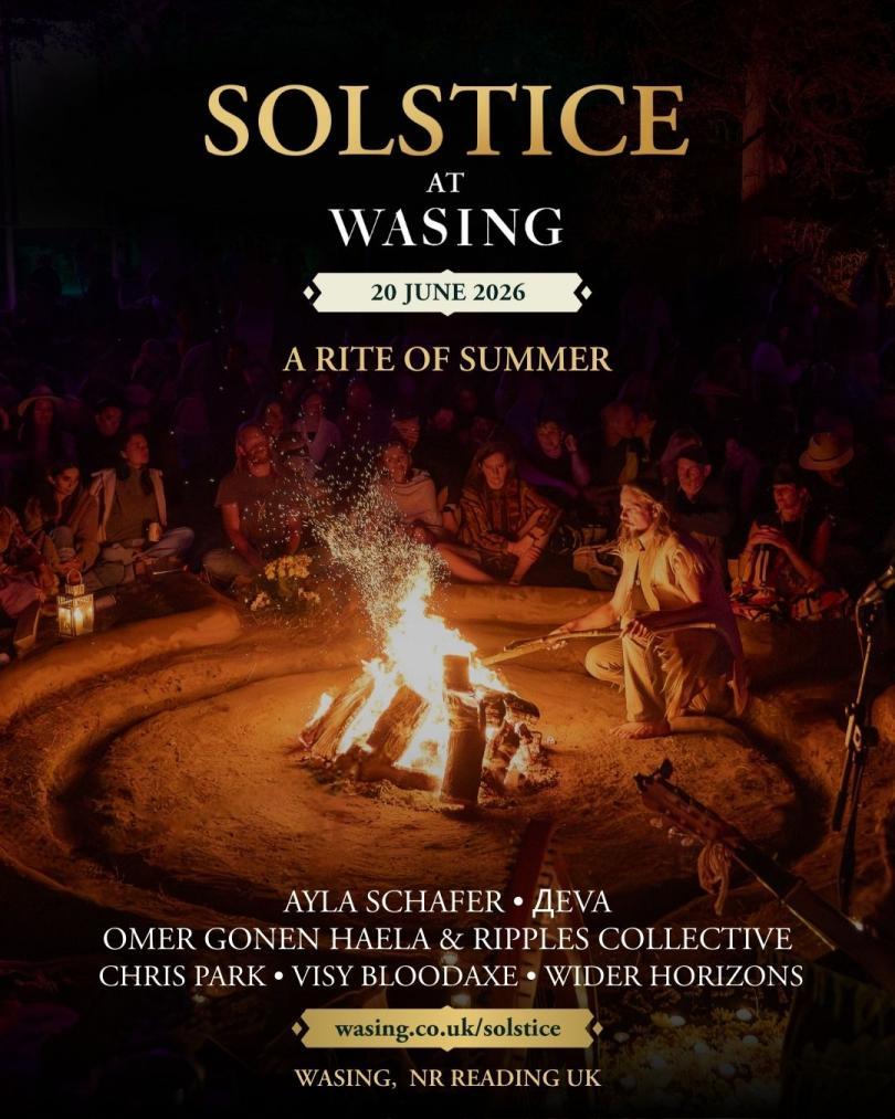 Poster showing people around a campfire and information about the event