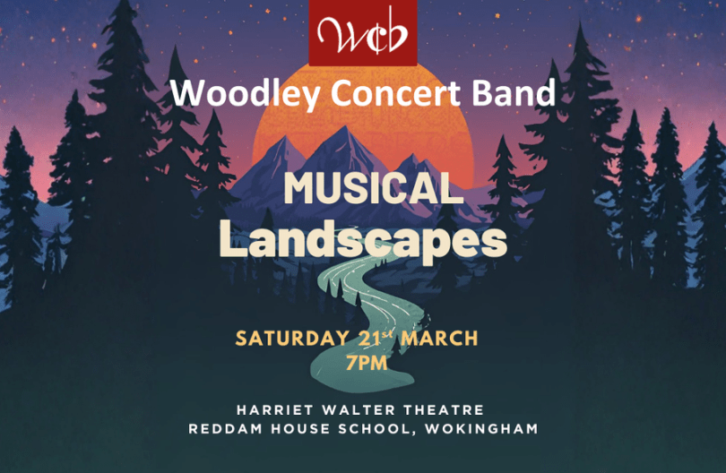 Poster image with the sun setting over distant mountains with silhouetted pine trees in the foreground.