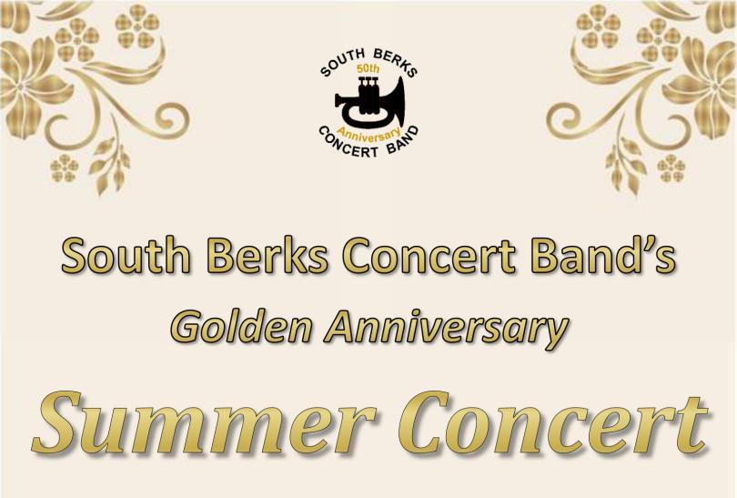 poster for Summer Concert with South Berks Concert Band with the band's logo and gold patterns around the edge