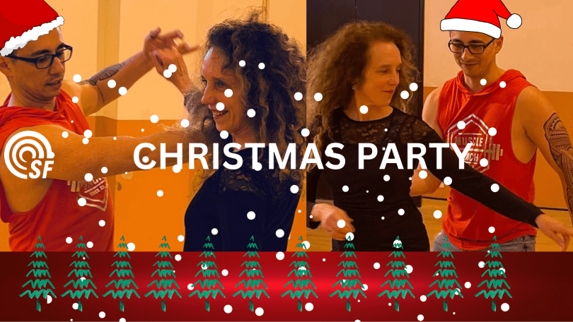 Picture of two West Coast Swing dancers with a Christmas theme