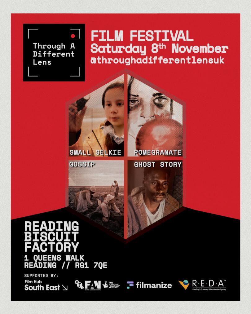 Through A Different Lens Film Festival poster with four still images of the films agasint a red background