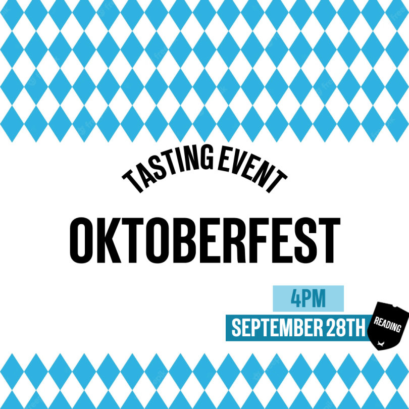 Text advertising Oktoberfest tasting event with a blue and white bavarian flag.