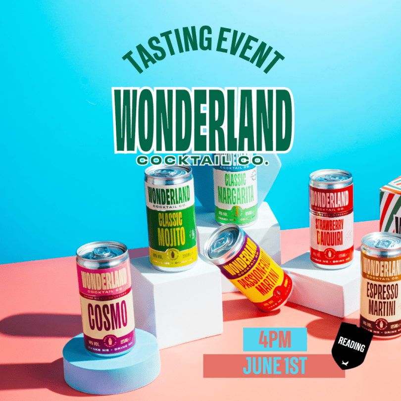 Cans of Wonderland Cocktails on a bright blue and peach background. Text advertising the event.