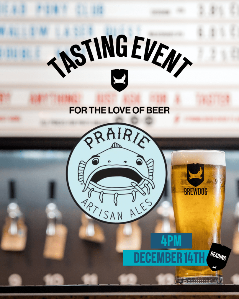 Text saying tasting event with a background showing a beer. The Prairie logo in the foreground.